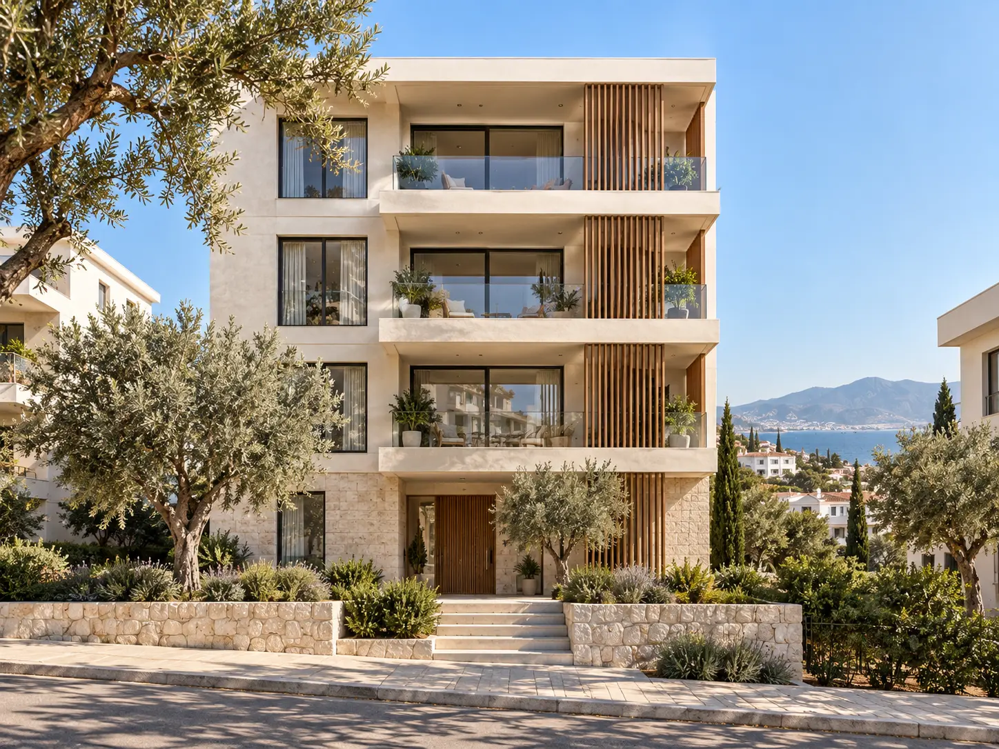 Taş ve ahşap detaylı, temsilî butik apartman konsepti
