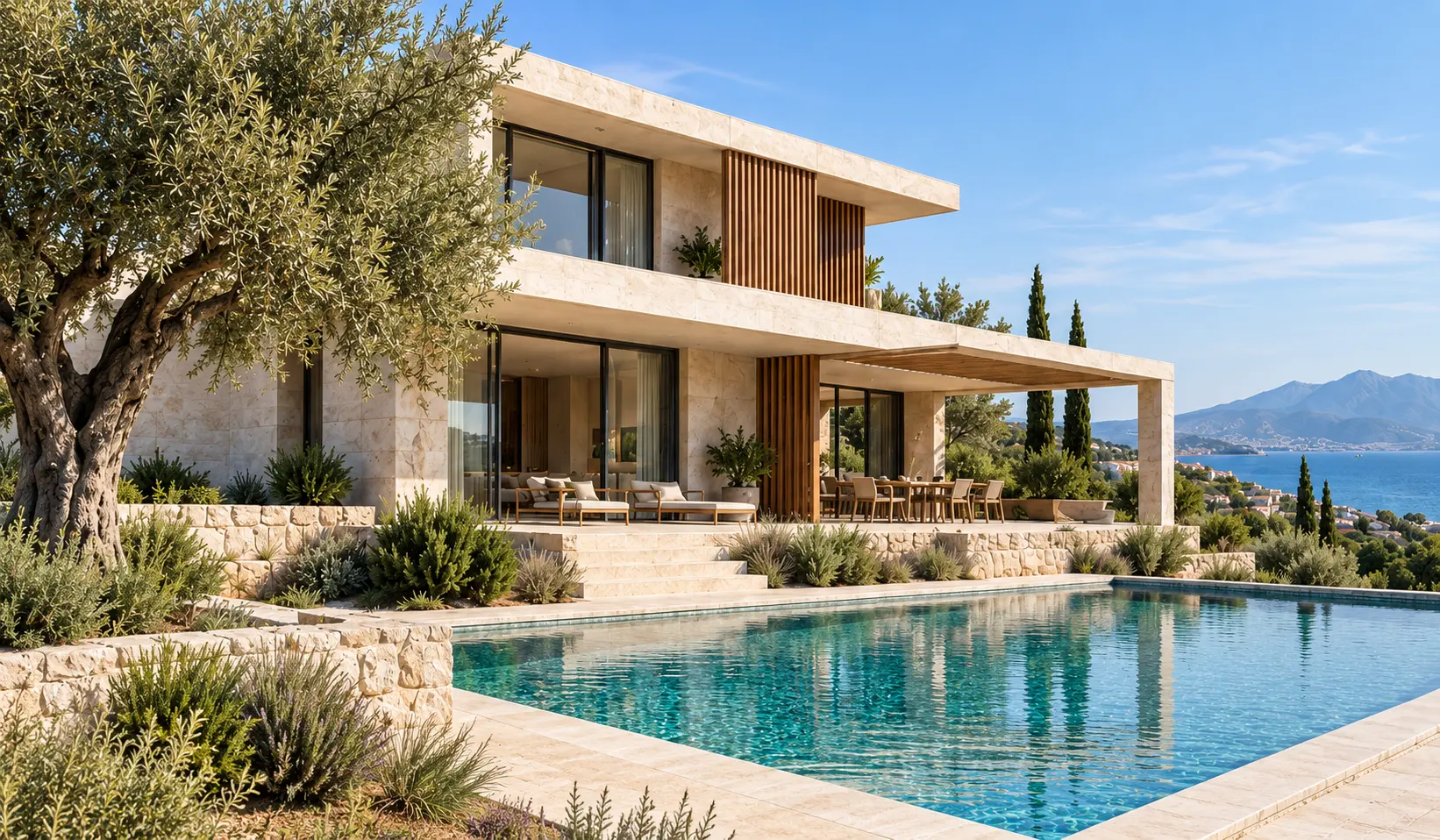 Doğal taş, ahşap ve açık yaşam alanlarıyla tasarlanmış temsilî villa konsepti